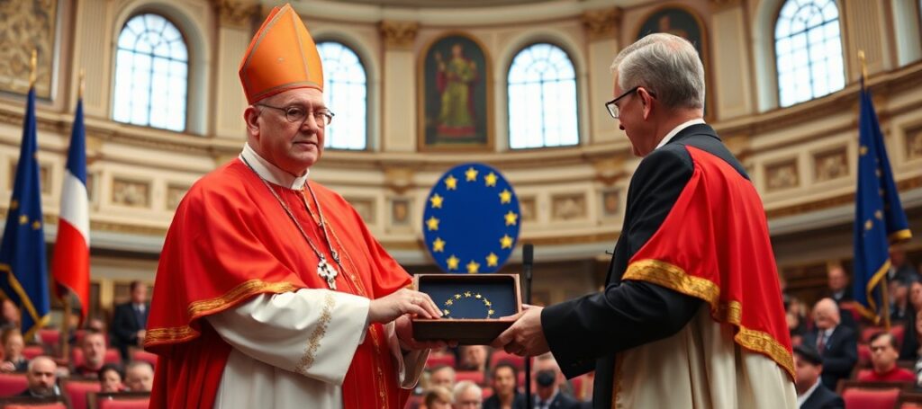 Cardinal Parolin receives the European Order of Merit in Strasbourg's European Parliament chamber, symbolizing the Conciliar Sect's betrayal of Christ the King.