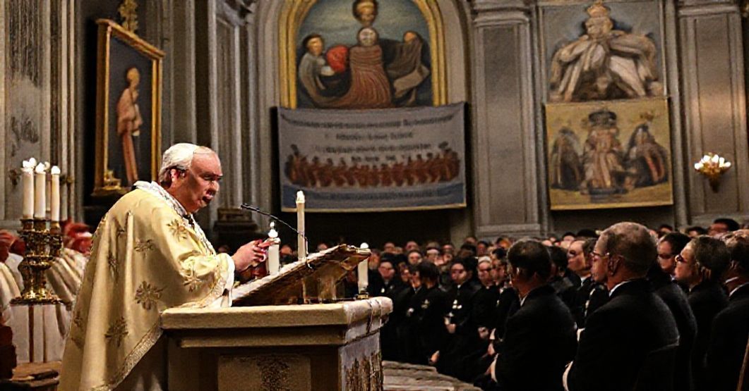 Mass commemorating Holodomor victims with Vatican prelate Pietro Parolin in a traditional Catholic cathedral, reflecting the true Catholic teaching on peace and justice