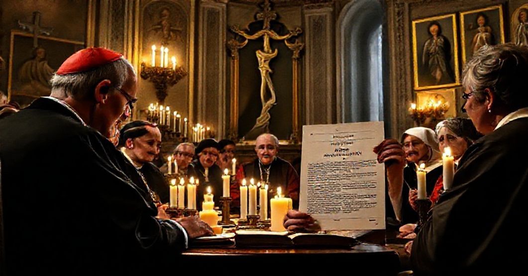 Cardinal Petrocchi and his commission debating the female diaconate in a Vatican hall filled with religious icons and manuscripts.