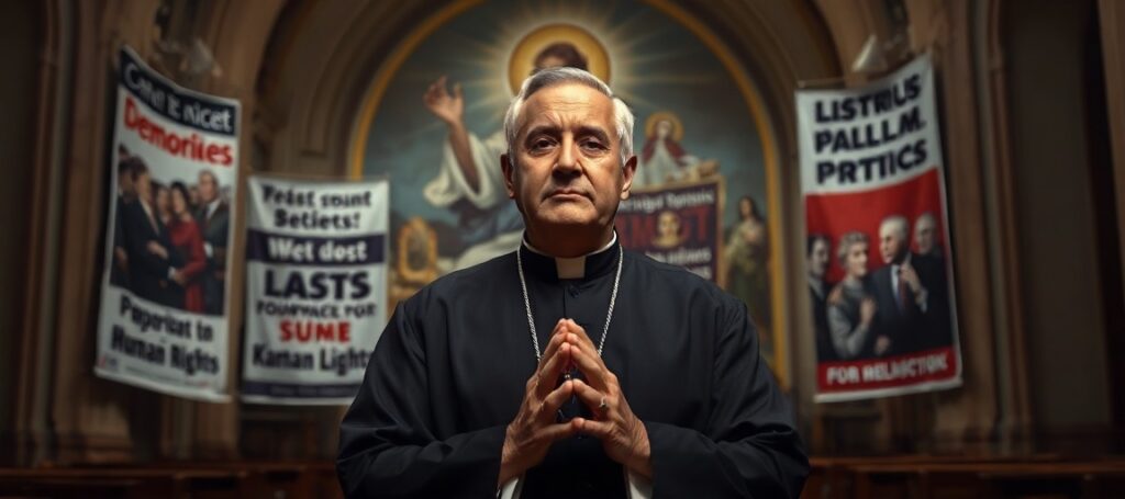Cardinal Baltazar Porras in a church with obscured Christ the King mural, symbolizing conciliar Church's rejection of Christ's kingship