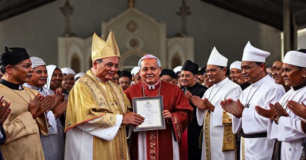 Cardinal Orlando Quevedo receiving a peace award in Mindanao surrounded by Muslim leaders and conciliar bishops, symbolizing false ecumenism.