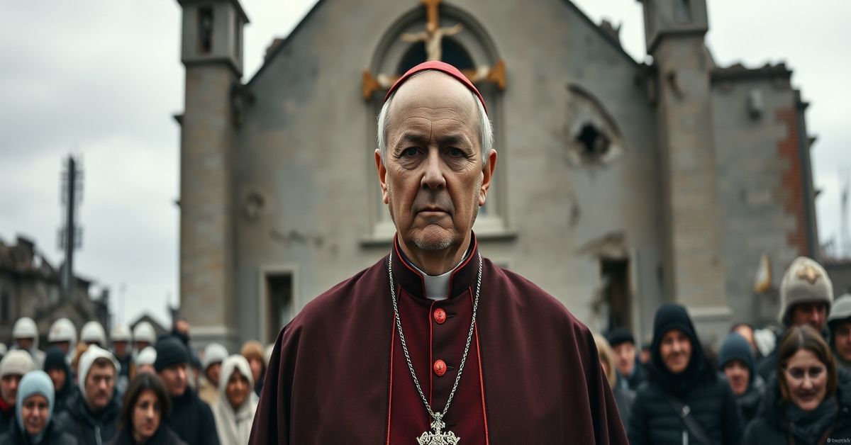 Cardinal Timothy Radcliffe in war-torn Ukraine, symbolizing the absence of supernatural hope and the void of Christ the King's reign.