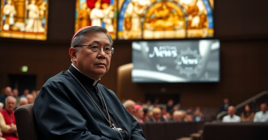 Cardinal Grzegorz Ryś delivering a controversial speech in the Paul VI Audience Hall, criticized for reducing the Church's mission to secular humanitarianism