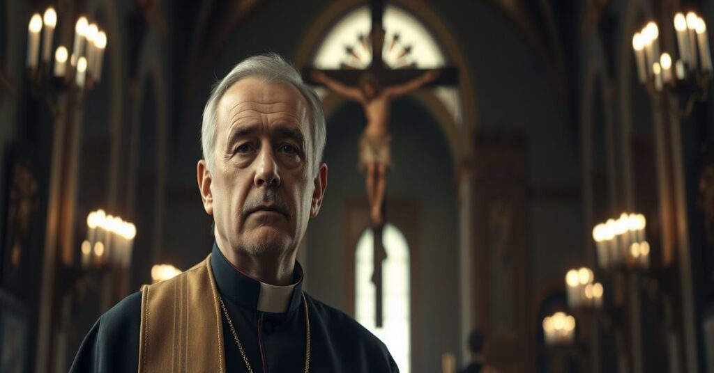 Chaldean 'Cardinal' Louis Raphaël Sako in a dimly lit cathedral, symbolizing the tension between naturalistic peace efforts and Christ the King's divine authority.