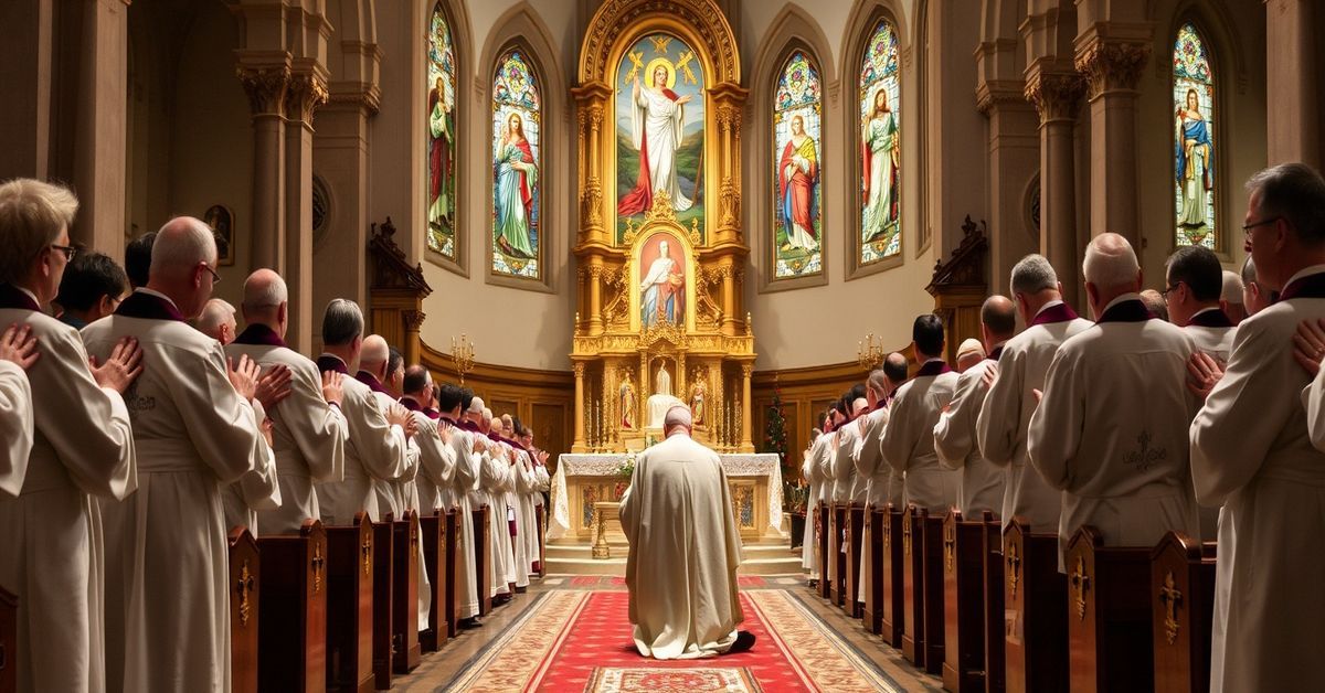 Cardinal Rainer Maria Woelki kneeling in a traditional Catholic church surrounded by devout priests during a Eucharistic procession.