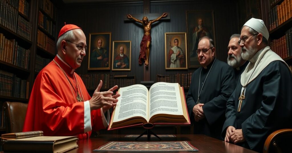 Cardinal Joseph Zen and SSPX representatives in a Vatican library discussing Vatican II documents.