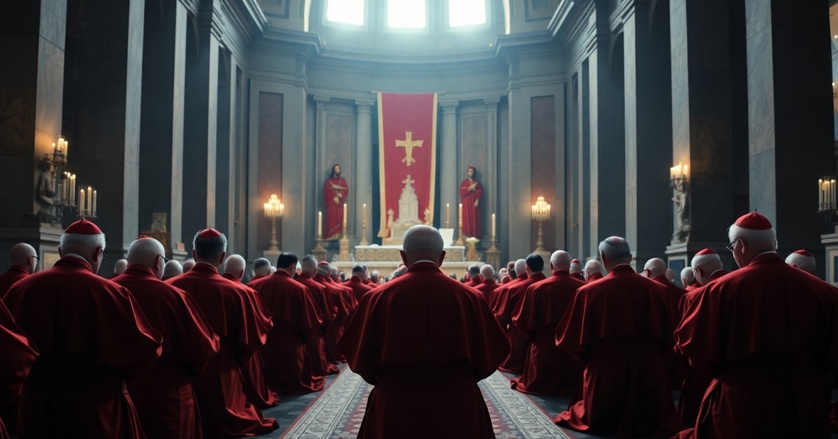 Cardinals in heretical consistory kneeling in prayer within St. Peter's Basilica, symbolizing the apostasy of post-conciliar church under antipope Leo XIV and his bureaucratic cardinals.