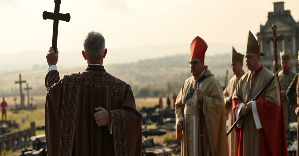 A traditional Catholic priest in vestments holding a crucifix on a battlefield with concerned cardinals in the background, symbolizing the spiritual battle against secularism.