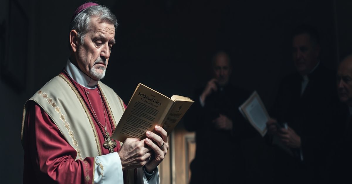 A Catholic priest in traditional vestments stands before a closed church door, holding a copy of the Syllabus of Errors, while Caritas Europa officials confer with secular workers in the shadows.
