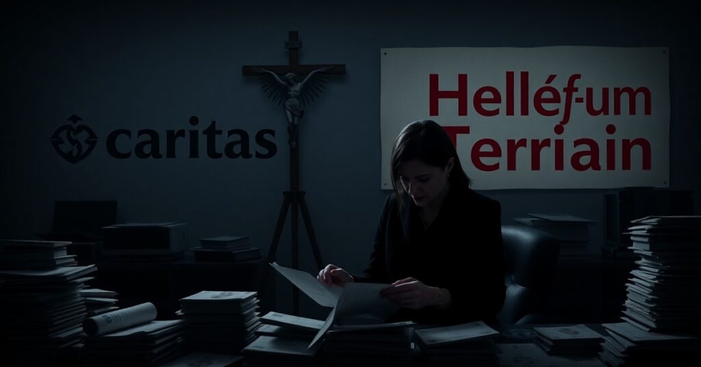 A somber depiction of the Caritas Luxembourg embezzlement scandal, highlighting financial corruption within post-conciliar Catholic charities.