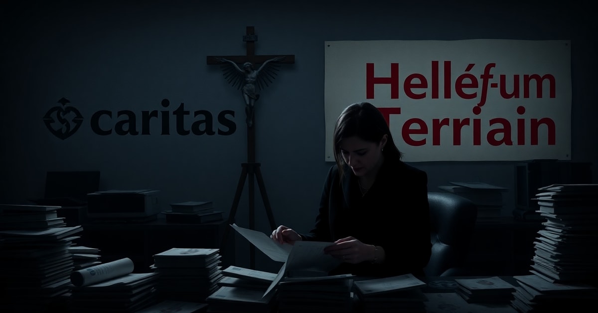 A somber depiction of the Caritas Luxembourg embezzlement scandal, highlighting financial corruption within post-conciliar Catholic charities.