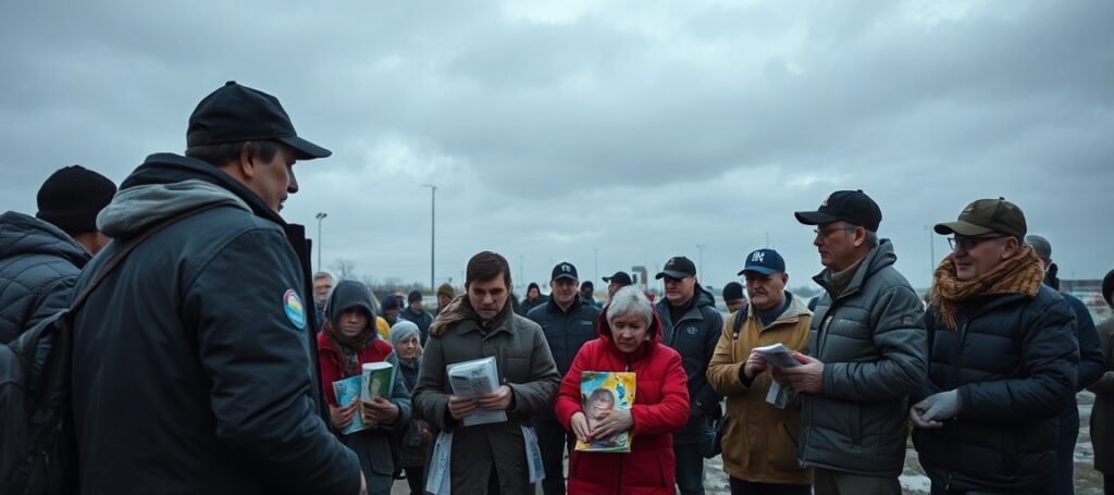 A realistic depiction of Caritas Ukraine assisting displaced Ukrainians at the Mokrany-Domanove border crossing in 2026, highlighting the absence of supernatural faith in their humanitarian efforts.