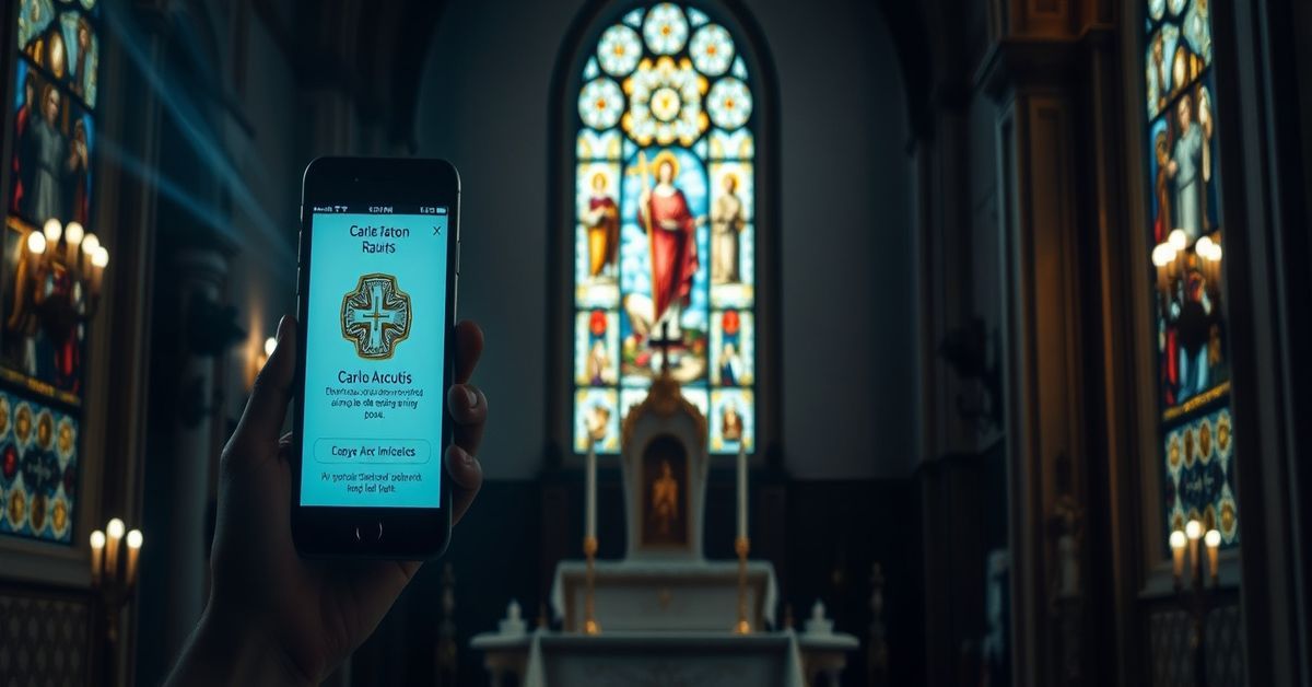 A solemn Catholic church interior with a focus on the Eucharist in monstrance, contrasted with a smartphone displaying the Carlo Acutis app.