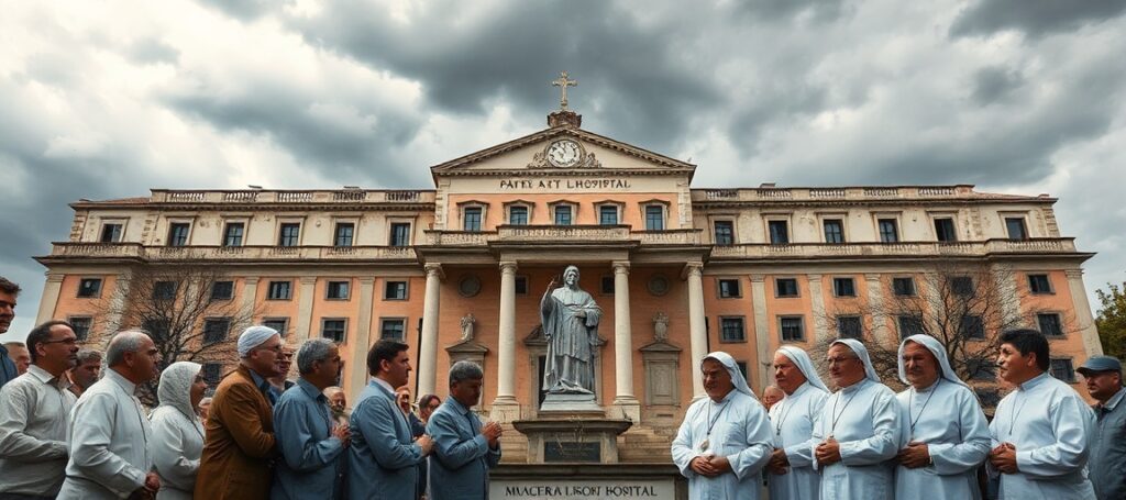 A solemn image of the Casa Sollievo della Sofferenza hospital in San Giovanni Rotondo under a stormy sky, with concerned Catholics praying before a statue of Padre Pio.
