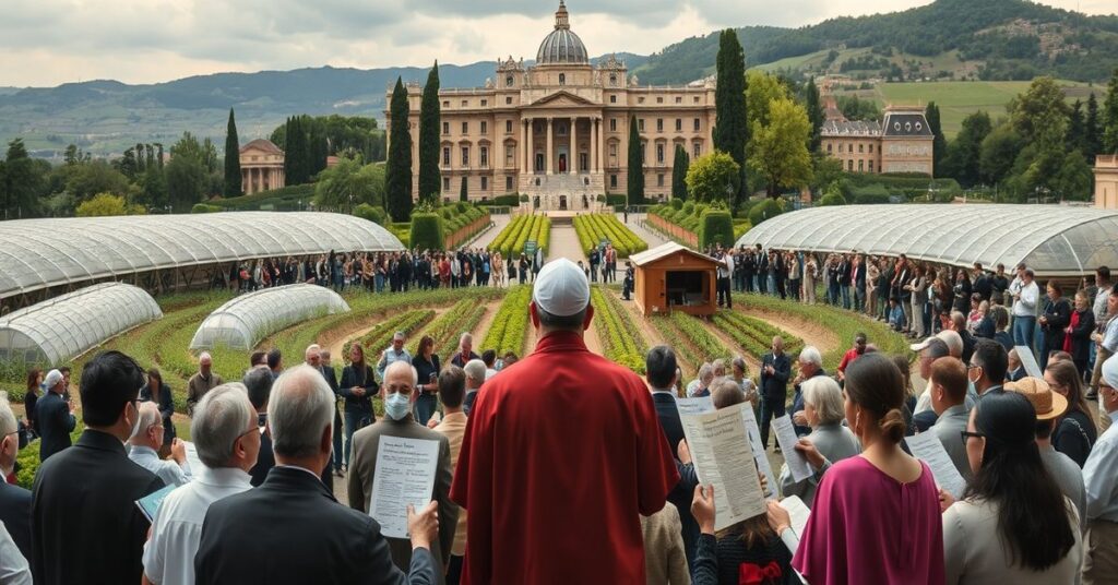 Antipope Leo XIV and Sister Alessandra Smerilli at Borgo Laudato Si' ecological village promoting modernist ecology over Christ's Kingship.