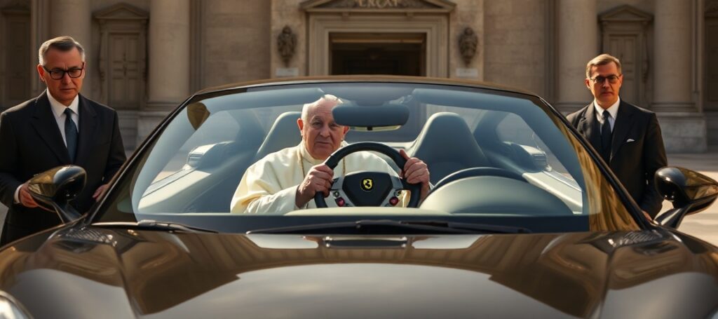 A solemn image of Castel Gandolfo's papal residence in 2026, where a usurper sits in a Ferrari Luce electric car with executives John Elkann and Benedetto Vigna.