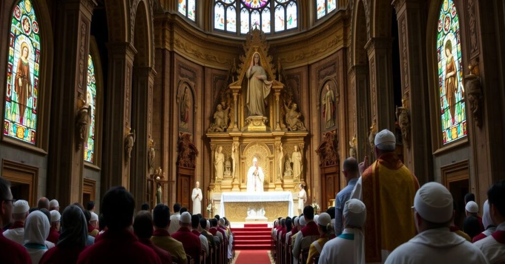 A somber interior of the Cathedral of Saint Mary, Mother of God in Chiclayo, Peru, where antipope Leo XIV addresses a congregation during the World Day of the Sick.