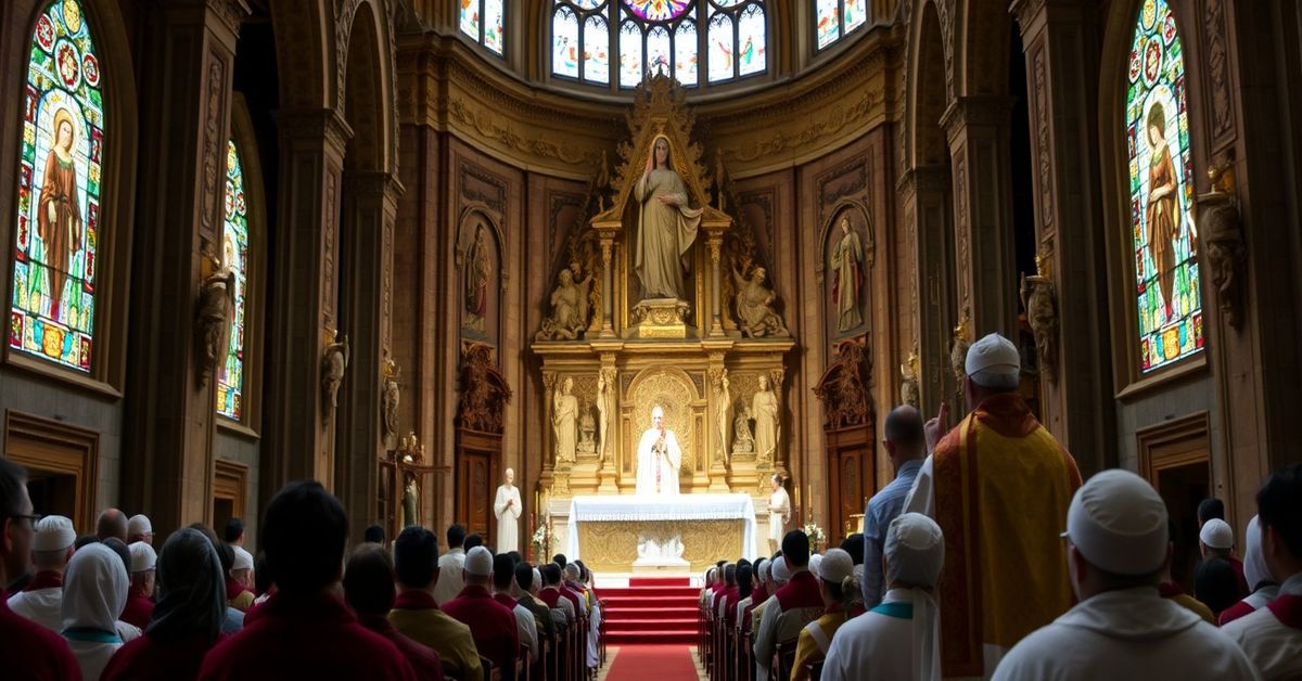 A somber interior of the Cathedral of Saint Mary, Mother of God in Chiclayo, Peru, where antipope Leo XIV addresses a congregation during the World Day of the Sick.