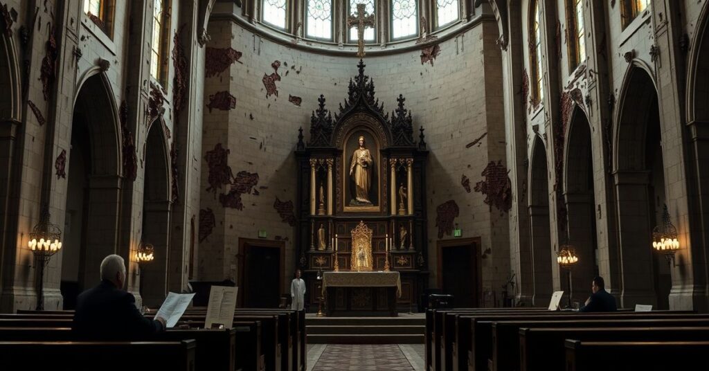 Termite-damaged Cathedral of the Immaculate Conception in Mobile, symbolizing the spiritual neglect and materialism within the Novus Ordo Church.