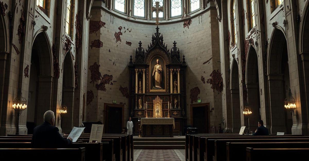Termite-damaged Cathedral of the Immaculate Conception in Mobile, symbolizing the spiritual neglect and materialism within the Novus Ordo Church.