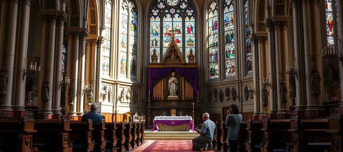 A traditional Catholic cathedral interior with vacant bishop's throne, stained-glass windows, and a kneeling layman in prayer.