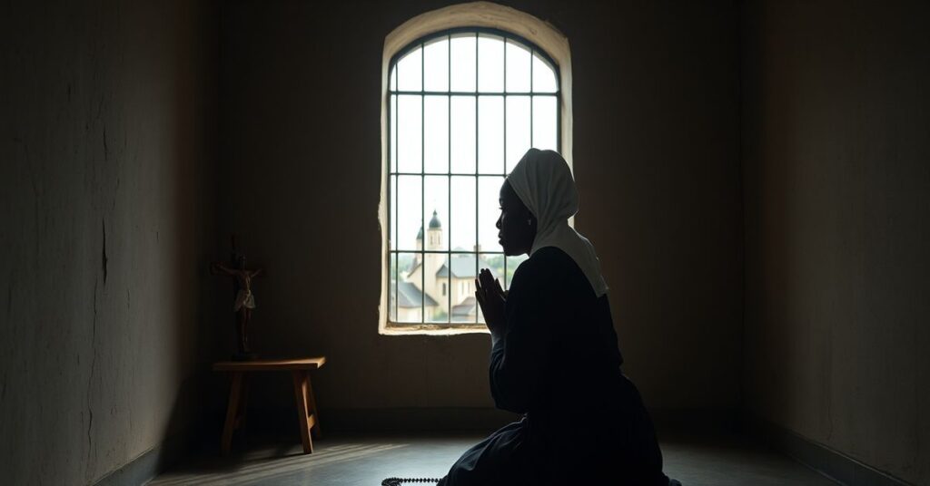 Portrait of Victoire Ingabire Umuhoza in prayer before a crucifix in a prison cell with a Rwandan landscape visible through the bars.