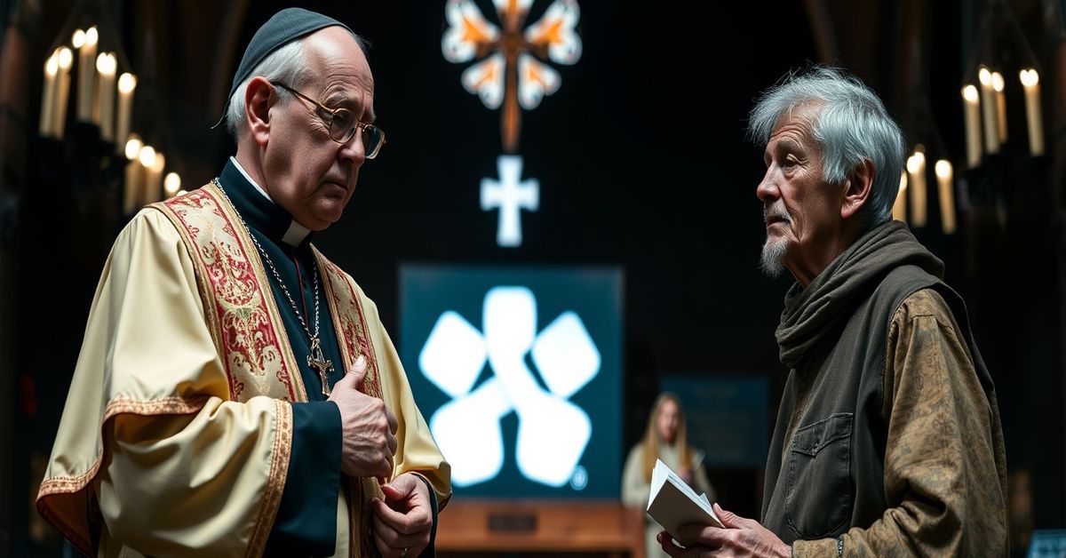 Catholic Almoner offering charity to a poor man in a dark church setting, symbolizing the conflict between true supernatural charity and modernist humanitarianism.