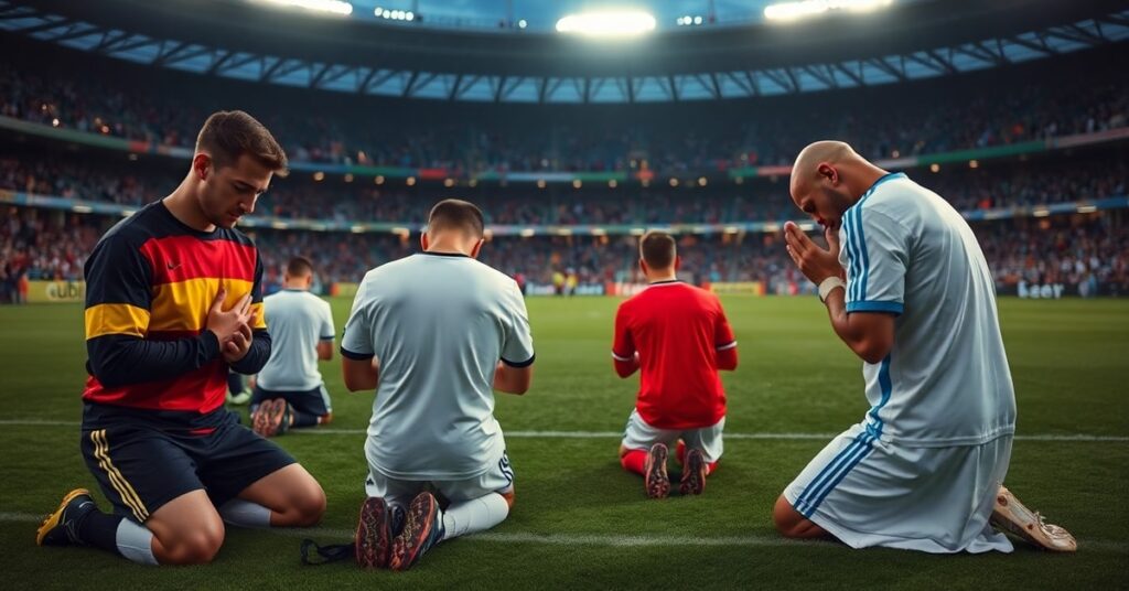 Catholic athletes kneeling in prayer on a FIFA World Cup stadium field at dusk