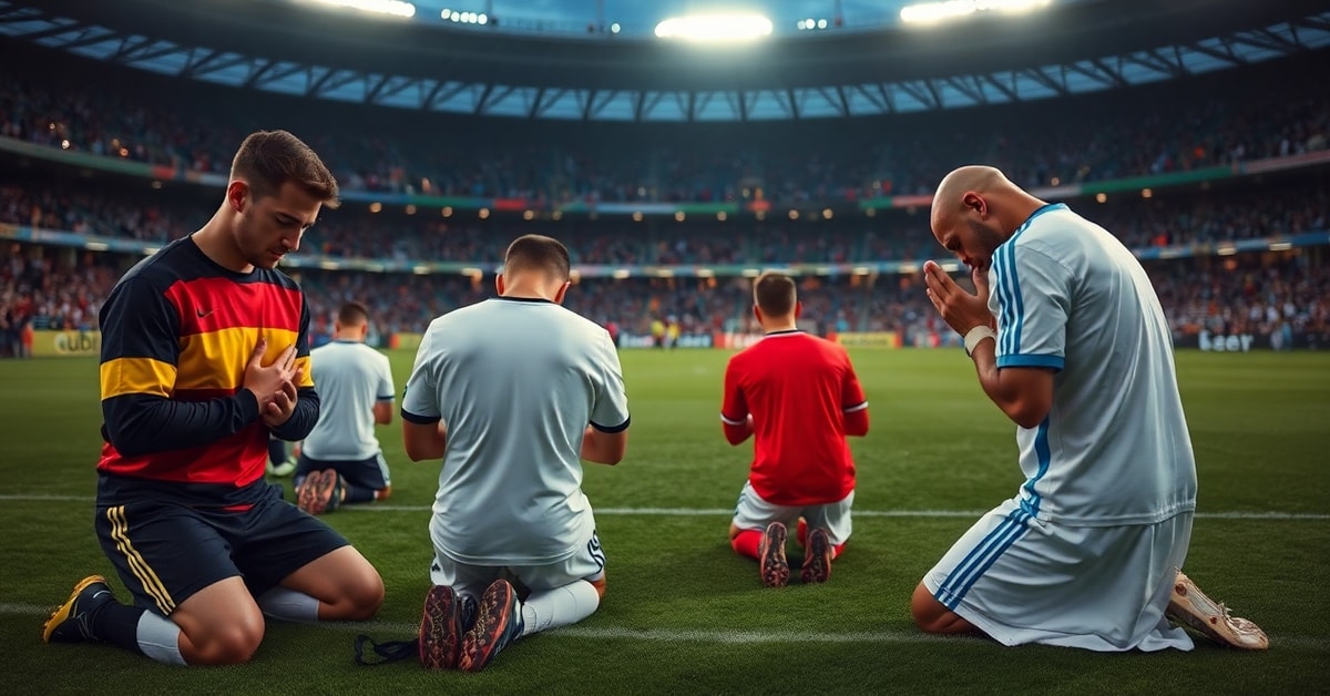 Catholic athletes kneeling in prayer on a FIFA World Cup stadium field at dusk