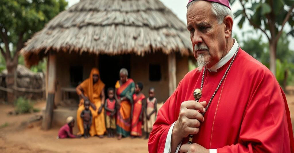 A solemn Catholic bishop in traditional vestments stands before an African village with a polygamous family, reflecting the pastoral challenge of polygamy and the critique of the SECAM report's naturalistic approach.