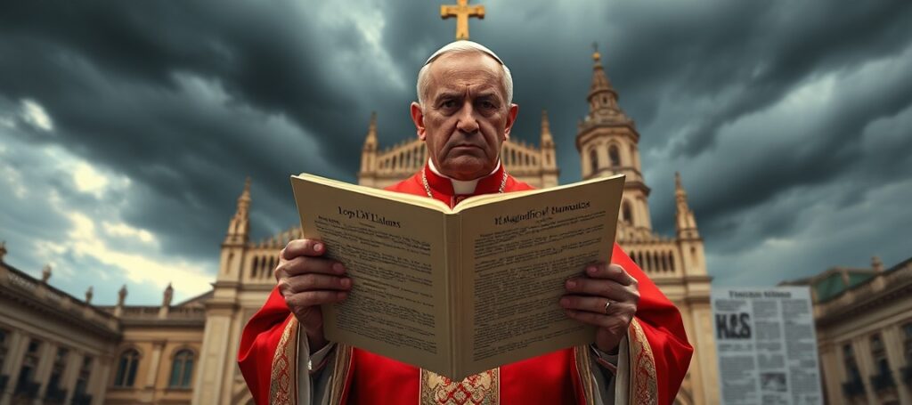 A Catholic bishop in traditional vestments holds an encyclical by 'Pope' Leo XIV, symbolizing the heresy of doctrinal evolution endorsed by Vice President JD Vance.