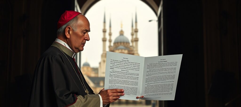 A Catholic bishop in traditional vestments stands solemnly before a church door, contrasting with a distant mosque in the background, symbolizing the conflict between true faith and false ecumenism.