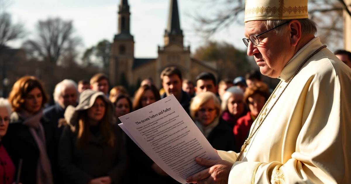 Catholic Bishop Condemns New York Law Erasing Parental Titles A Catholic bishop in ceremonial vestments standing solemnly before a crowd of parishioners, holding a copy of the New York law erasing 'mother' and 'father'.