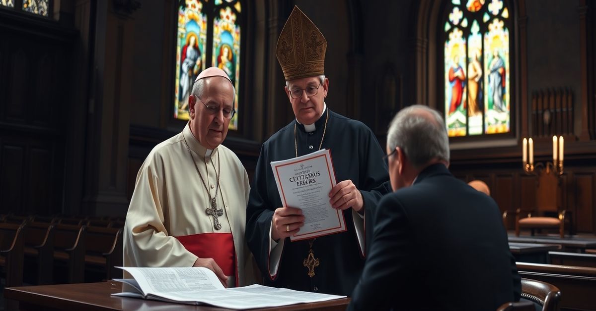 A traditional Catholic bishop in a church with stained glass windows depicting Christ's Kingship, holding a copy of the Syllabus of Errors amidst EU court documents.