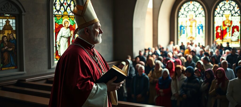 Catholic bishop in traditional vestments standing in a chapel with stained glass windows, looking solemnly at a diverse crowd outside representing modernist heresy of religious pluralism.