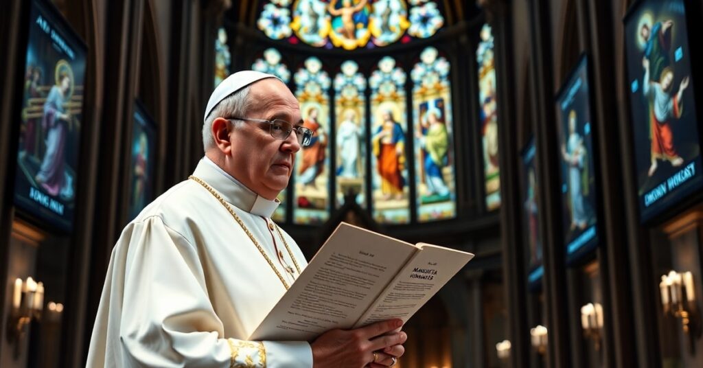 A Catholic bishop examines the AI encyclical 'Magnifica Humanitas' by Antipope Leo XIV in a historic cathedral while EU digital surveillance systems are visible in the background