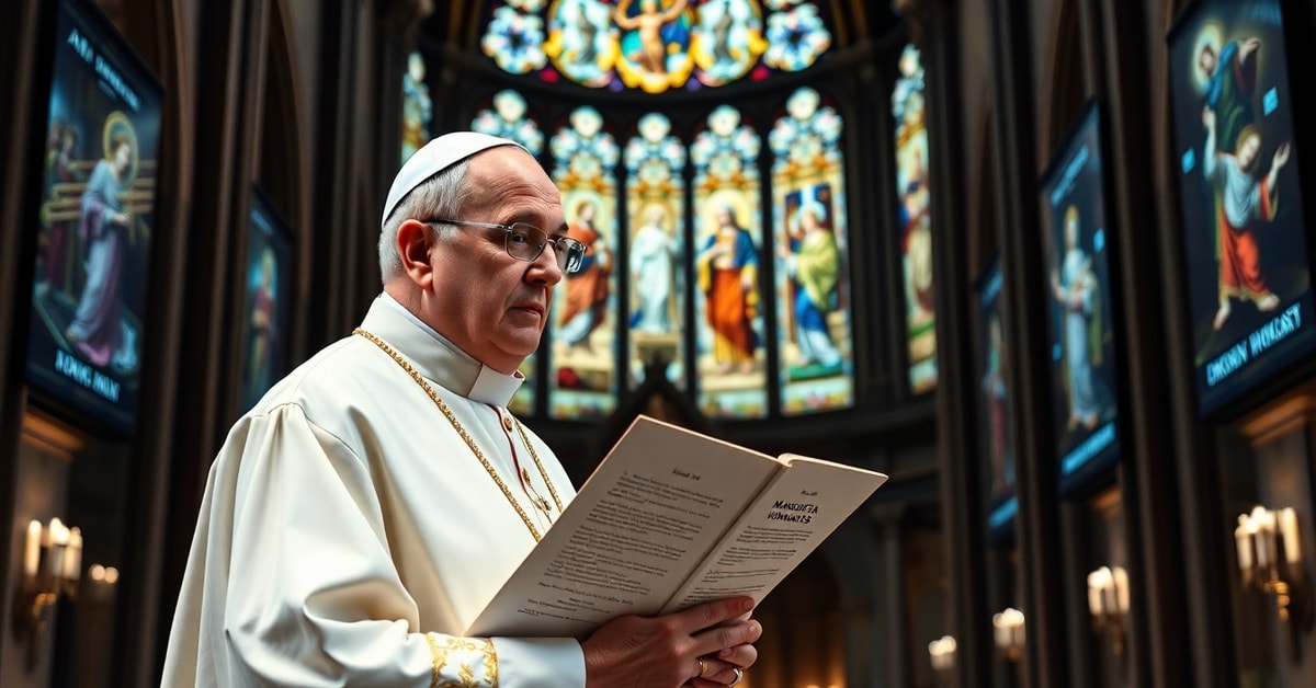 Catholic Bishop Examines Antipope's AI Heresy with EU Surveillance in Background A Catholic bishop examines the AI encyclical 'Magnifica Humanitas' by Antipope Leo XIV in a historic cathedral while EU digital surveillance systems are visible in the background