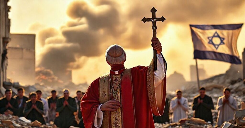 A Catholic bishop in traditional vestments holds a crucifix amidst war-torn Gaza ruins, symbolizing divine hope over man-made peace agreements.