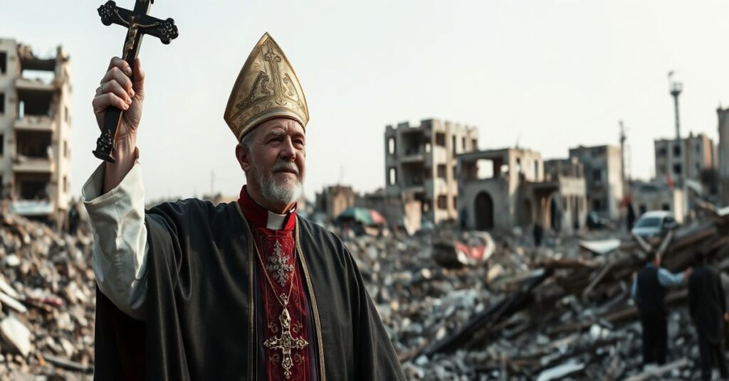 Traditional Catholic bishop in Gaza ruins holding crucifix, symbolizing sorrow and the denial of Christ's Kingship.