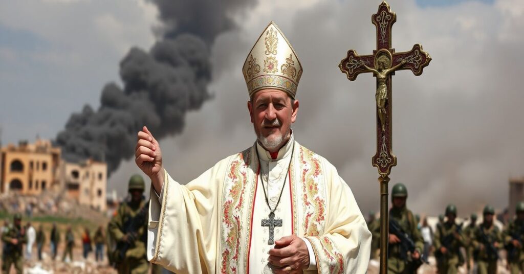 Traditional Catholic bishop with crucifix in war-torn Lebanon, symbolizing Christ the King's sovereignty over nations.