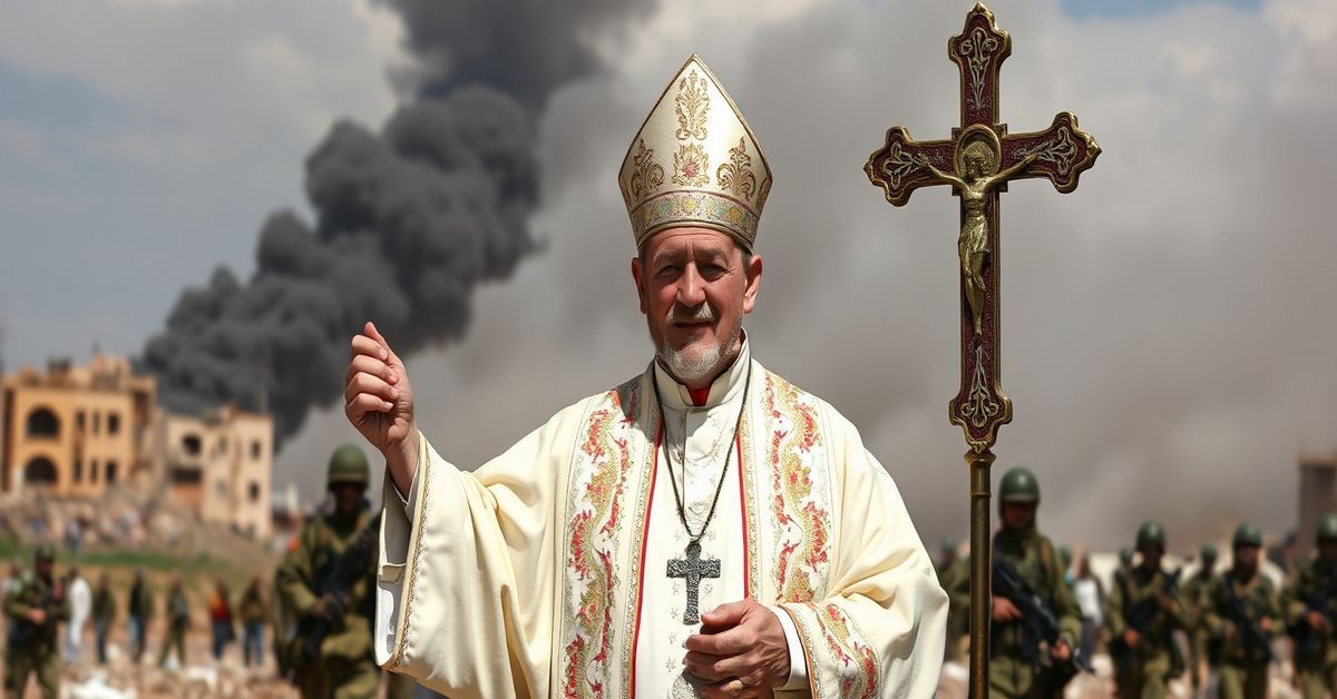 Traditional Catholic bishop with crucifix in war-torn Lebanon, symbolizing Christ the King's sovereignty over nations.