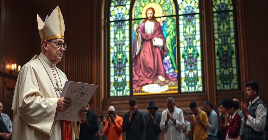 Traditional Catholic bishop in courtroom with migrants praying under stained-glass depiction of Christ the King.