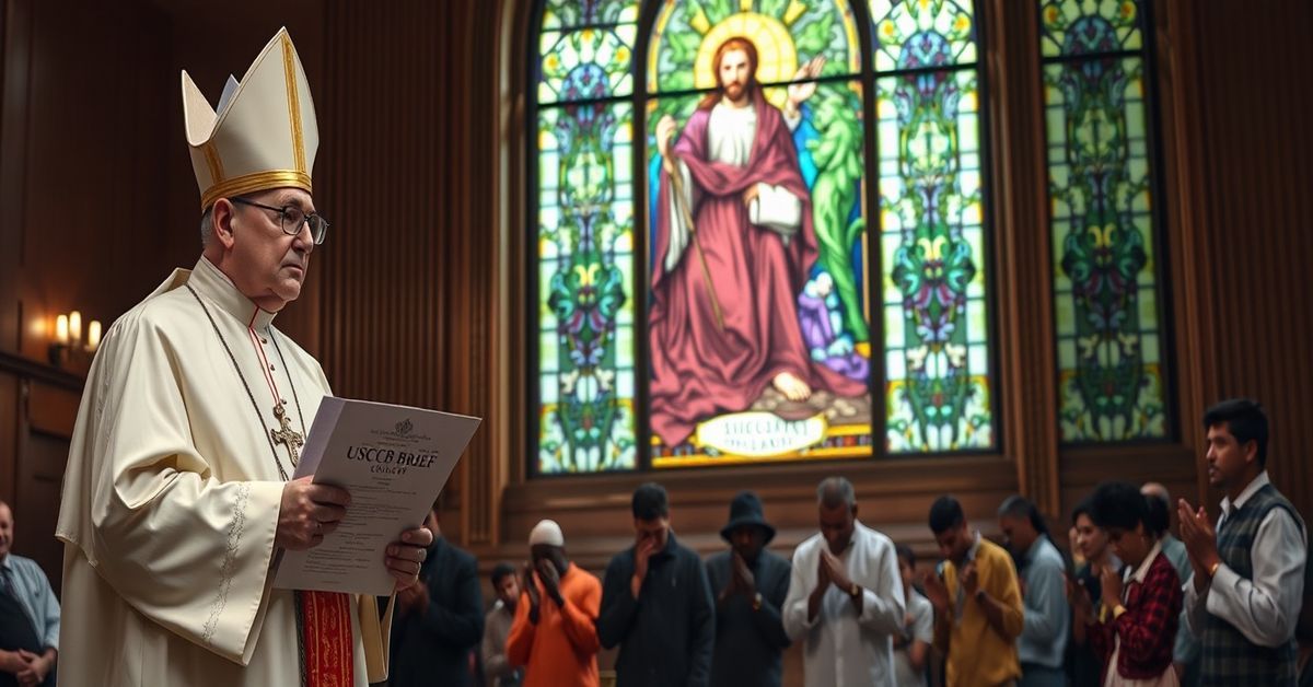 Traditional Catholic bishop in courtroom with migrants praying under stained-glass depiction of Christ the King.