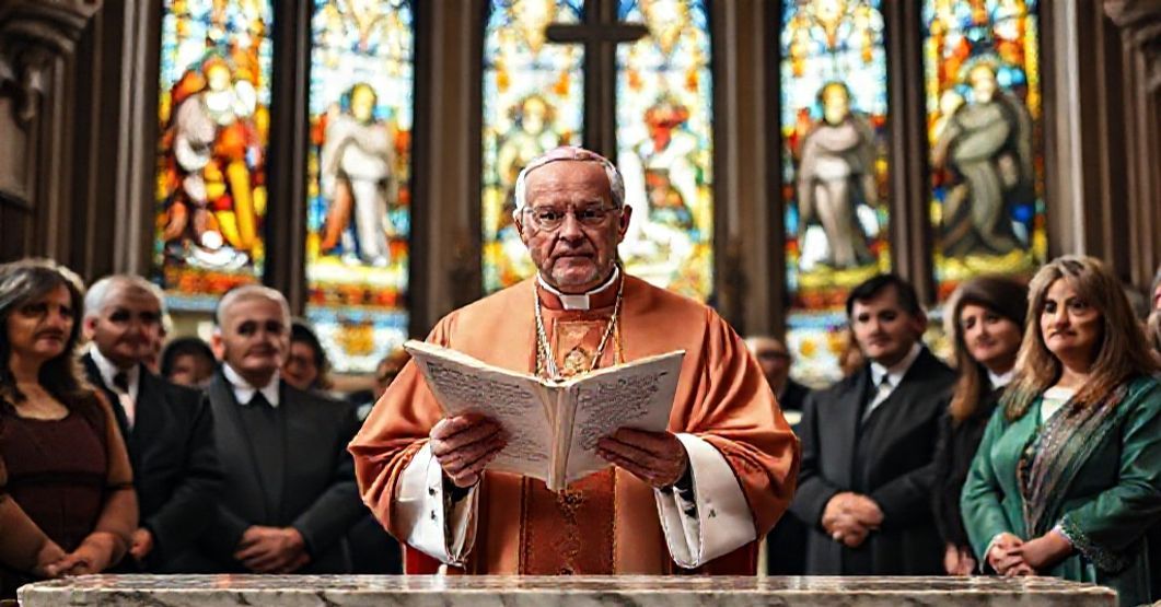Traditional Catholic bishop addressing congregation about divine right of nations to enforce just immigration laws in historic church setting.