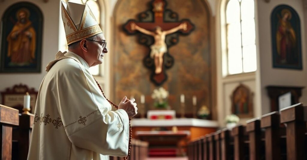 A Catholic bishop in traditional vestments kneeling in prayer before a crucifix in a Mexican church, emphasizing the need for spiritual solutions to societal problems.