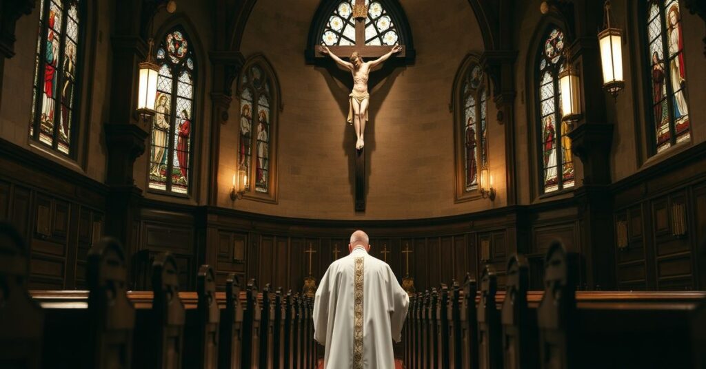 Catholic bishop praying before a crucifix in a traditional church setting.