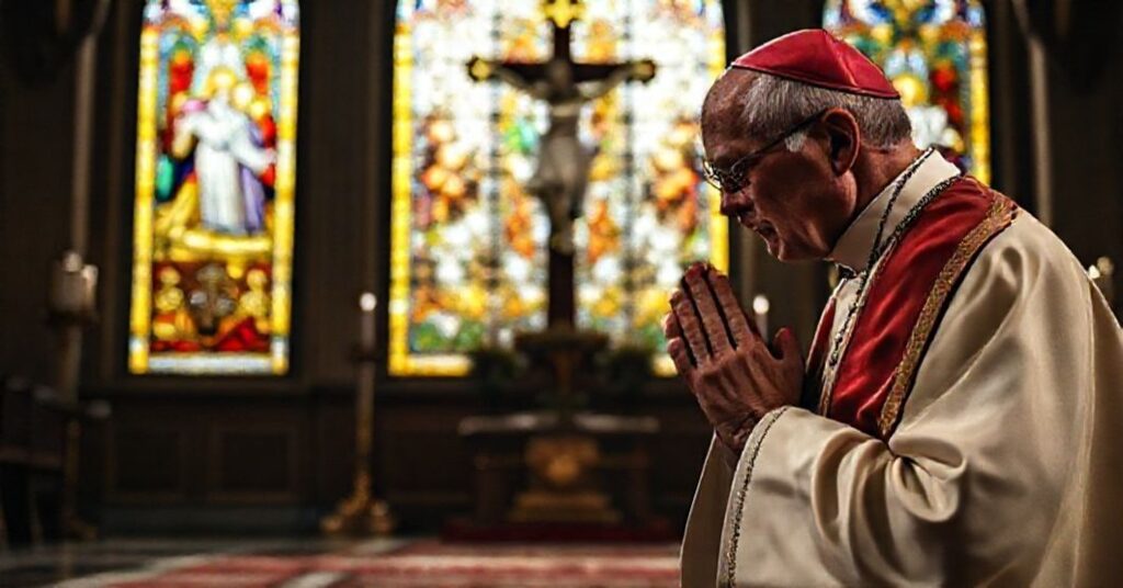 A Catholic bishop praying before a crucifix in a chapel, symbolizing devotion to the Kingship of Christ and rejection of modernist ecumenism.