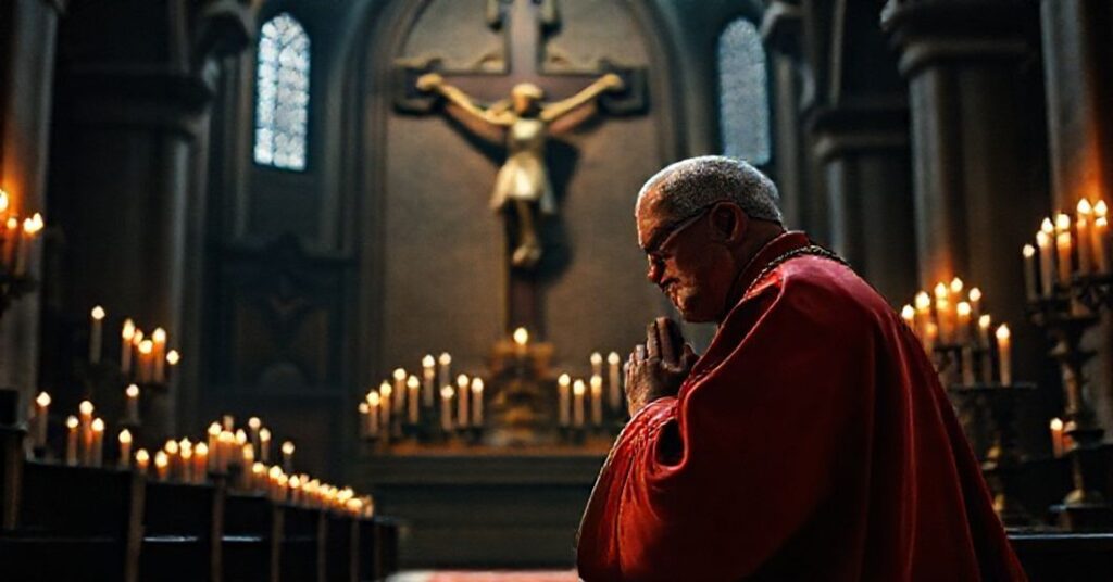 A Catholic bishop kneeling in prayer before a crucifix in a solemn church setting.