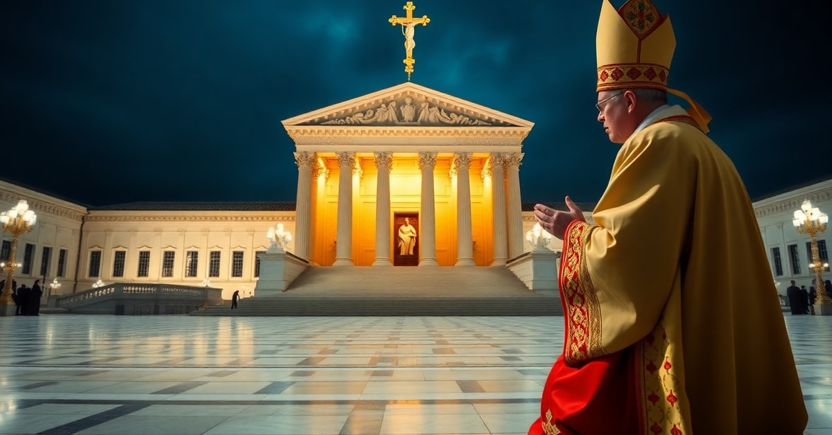 Catholic bishop praying before Christ the King altar with Supreme Court building in background, symbolizing rejection of secular legal idolatry