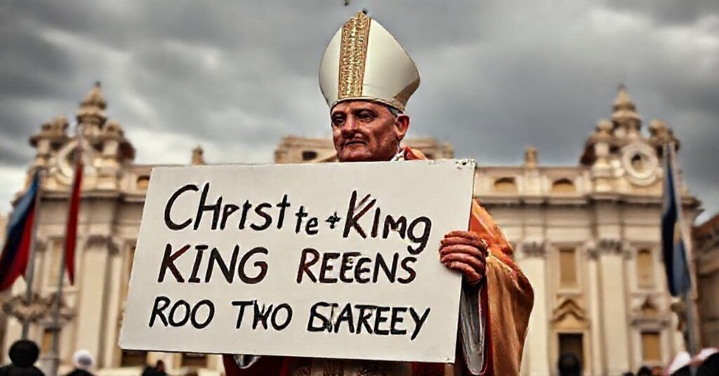A traditional Catholic bishop in full liturgical vestments stands in solemn protest outside the Apostolic Palace, holding a sign rejecting the two-state heresy and affirming Christ the King.
